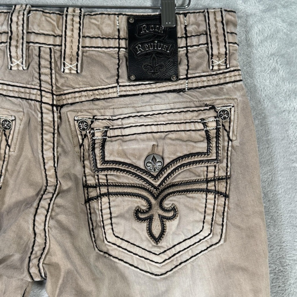 Rock Revival Jeans Mens 34x33 Beige Alton Straight Embroidered Distressed Denim